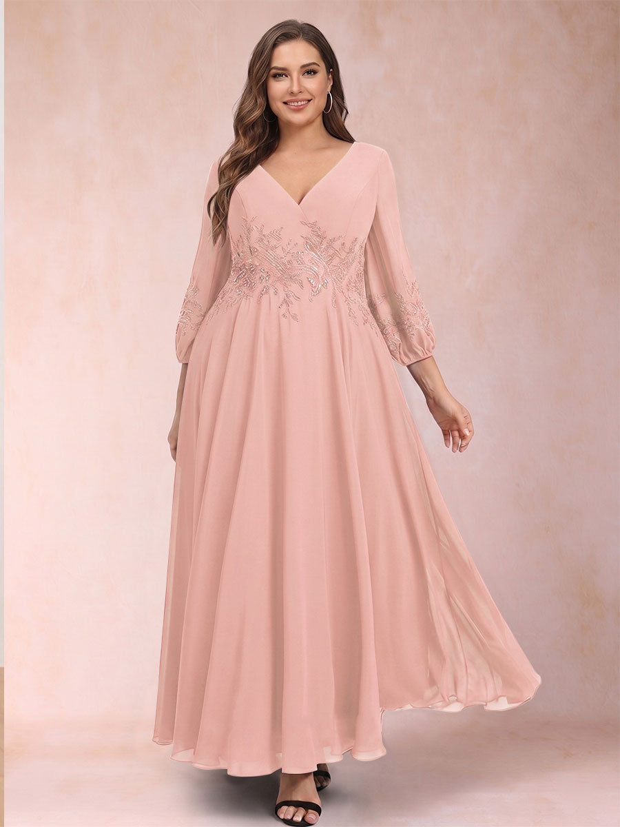 A-Line/Princess Ankle-Length 3/4 Sleeves V-Neck Plus Size Mother of the Bride Dresses