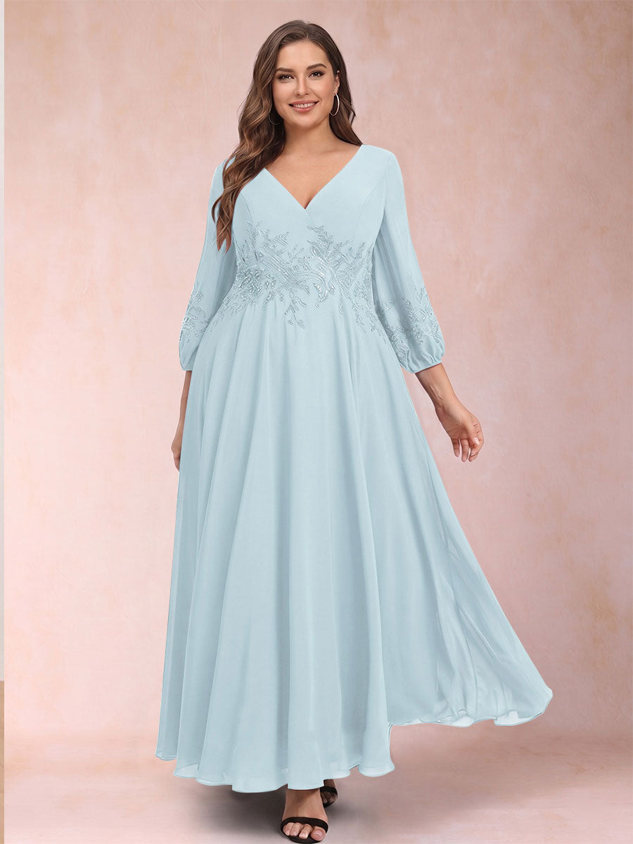 A-Line/Princess Ankle-Length 3/4 Sleeves V-Neck Plus Size Mother of the Bride Dresses