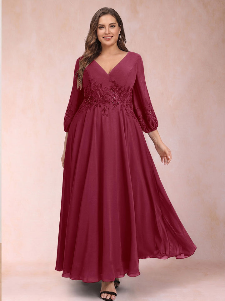 A-Line/Princess Ankle-Length 3/4 Sleeves V-Neck Plus Size Mother of the Bride Dresses