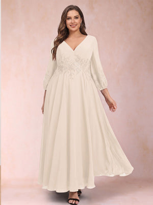 A-Line/Princess Ankle-Length 3/4 Sleeves V-Neck Plus Size Mother of the Bride Dresses
