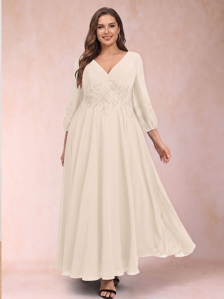 A-Line/Princess Ankle-Length 3/4 Sleeves V-Neck Plus Size Mother of the Bride Dresses