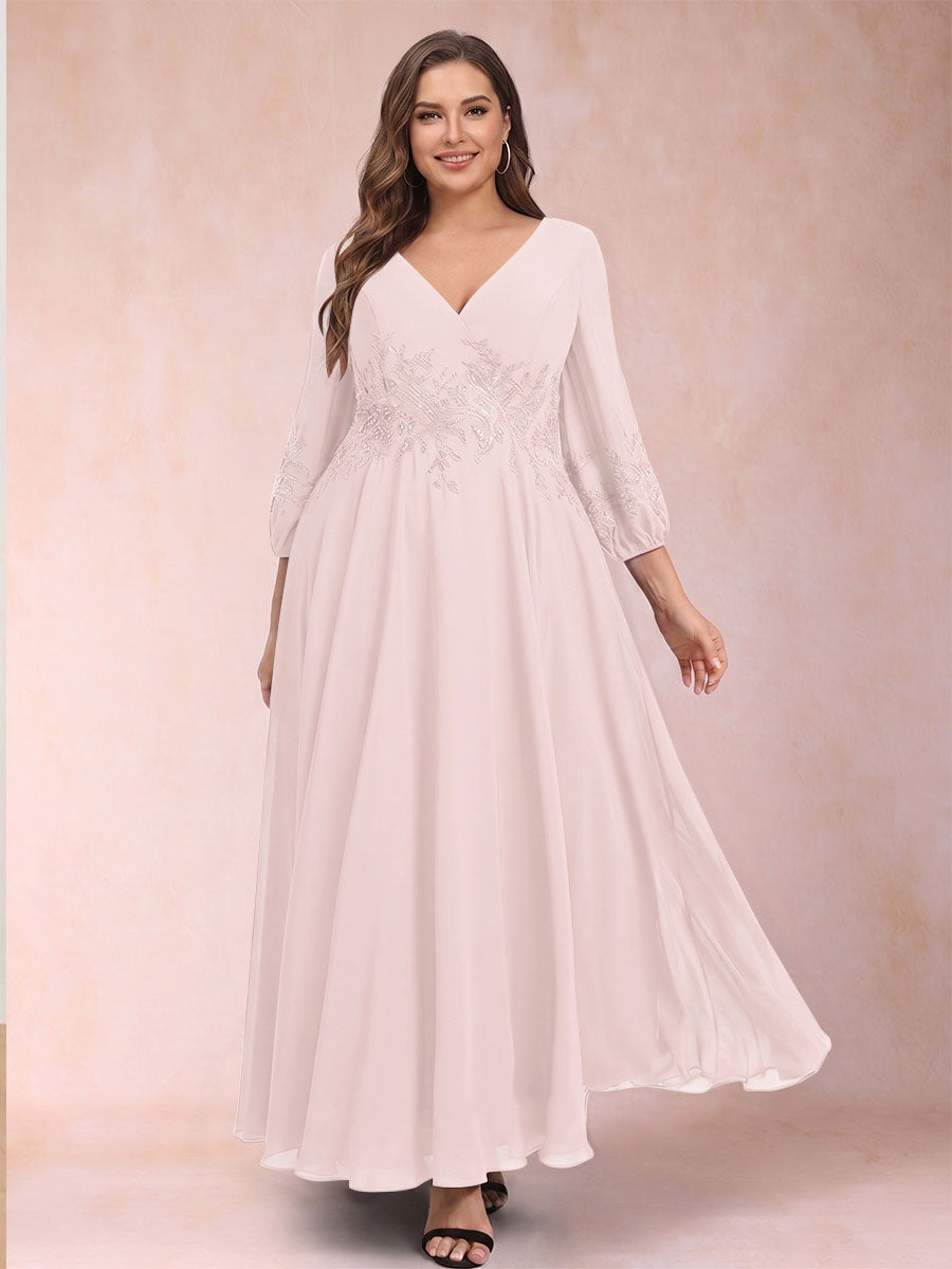 A-Line/Princess Ankle-Length 3/4 Sleeves V-Neck Plus Size Mother of the Bride Dresses