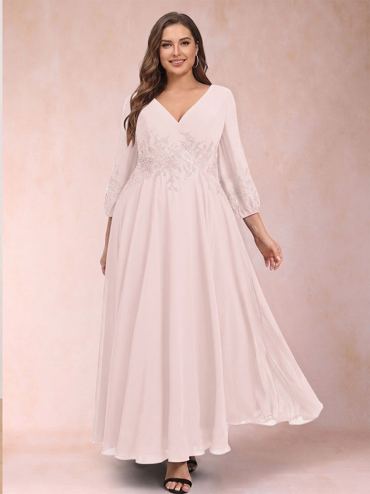 A-Line/Princess Ankle-Length 3/4 Sleeves V-Neck Plus Size Mother of the Bride Dresses