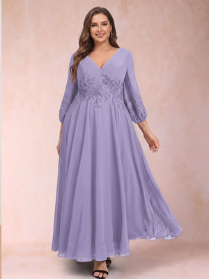 A-Line/Princess Ankle-Length 3/4 Sleeves V-Neck Plus Size Mother of the Bride Dresses