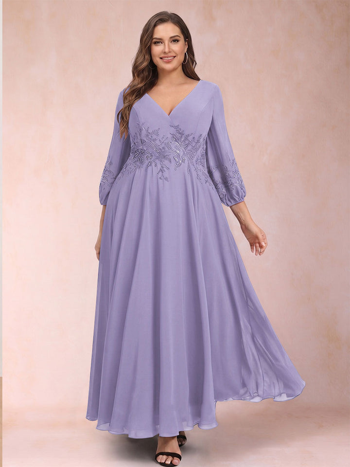 A-Line/Princess Ankle-Length 3/4 Sleeves V-Neck Plus Size Mother of the Bride Dresses