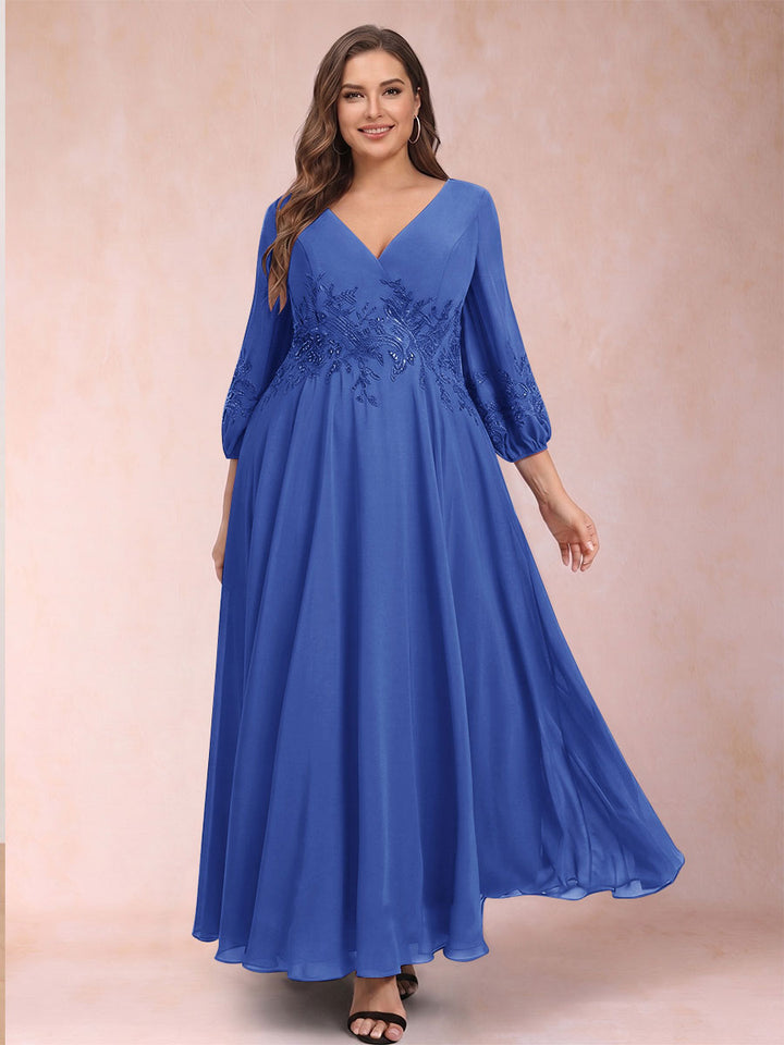 A-Line/Princess Ankle-Length 3/4 Sleeves V-Neck Plus Size Mother of the Bride Dresses