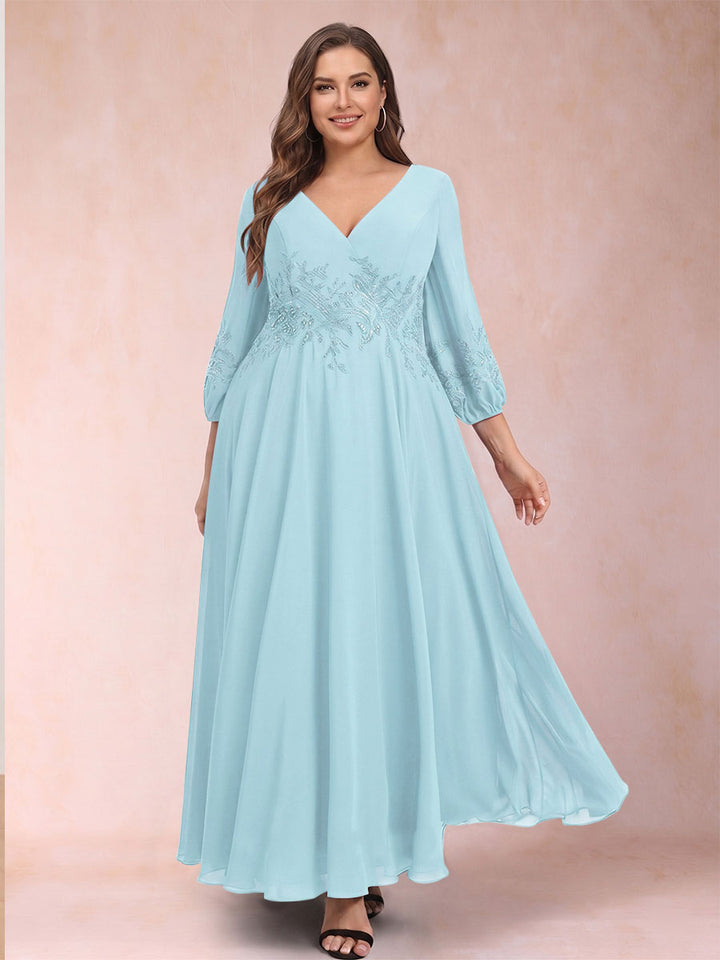 A-Line/Princess Ankle-Length 3/4 Sleeves V-Neck Plus Size Mother of the Bride Dresses
