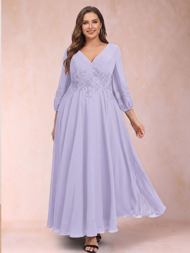 A-Line/Princess Ankle-Length 3/4 Sleeves V-Neck Plus Size Mother of the Bride Dresses