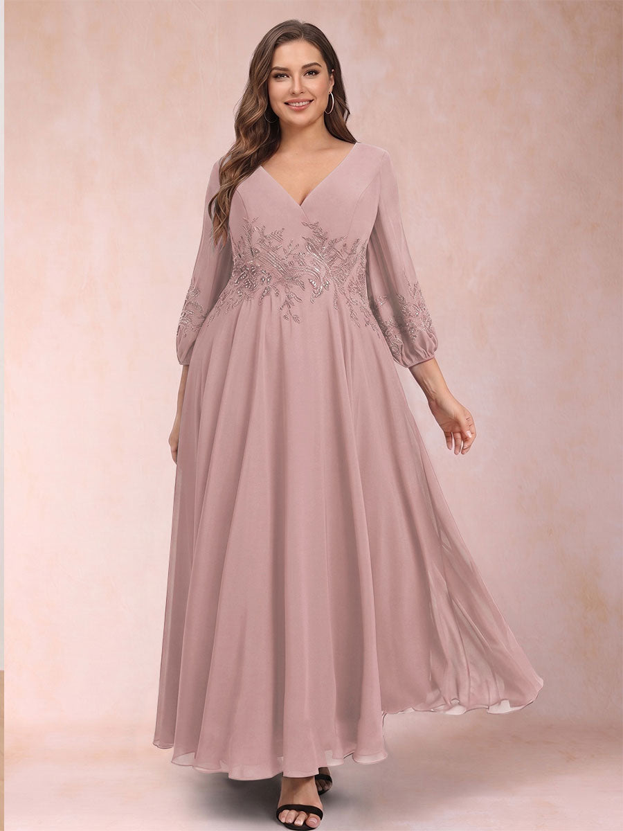 A-Line/Princess Ankle-Length 3/4 Sleeves V-Neck Plus Size Mother of the Bride Dresses