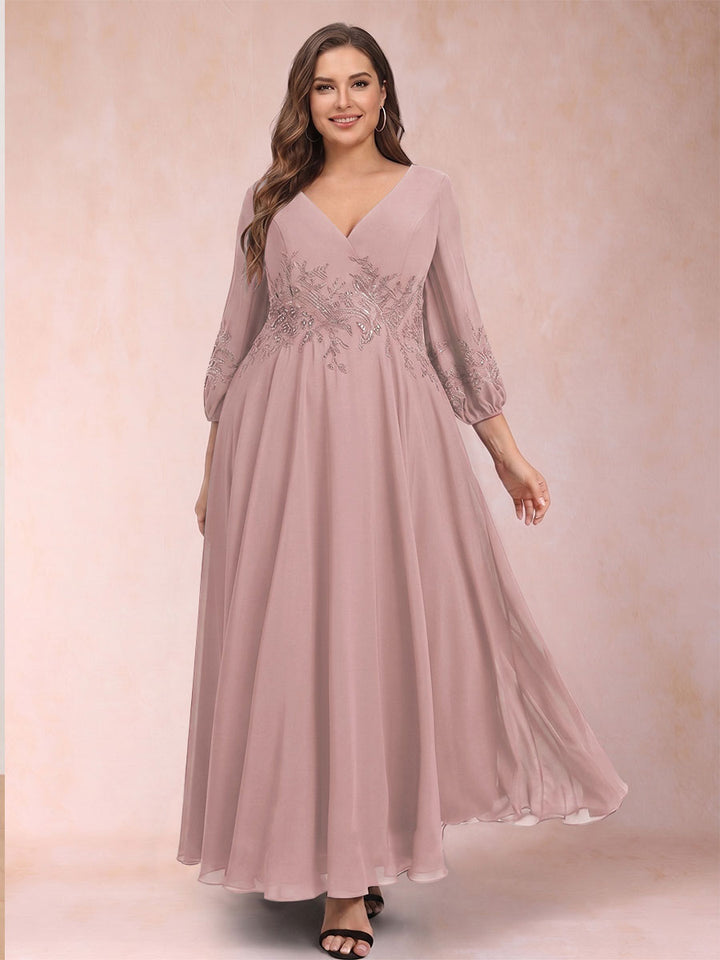 A-Line/Princess Ankle-Length 3/4 Sleeves V-Neck Plus Size Mother of the Bride Dresses