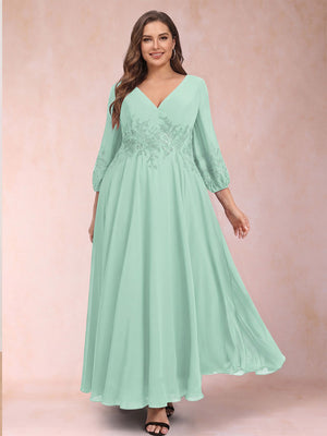 A-Line/Princess Ankle-Length 3/4 Sleeves V-Neck Plus Size Mother of the Bride Dresses