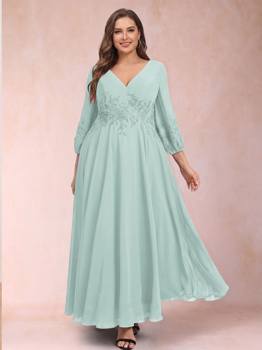 A-Line/Princess Ankle-Length 3/4 Sleeves V-Neck Plus Size Mother of the Bride Dresses