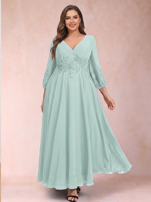 A-Line/Princess Ankle-Length 3/4 Sleeves V-Neck Plus Size Mother of the Bride Dresses