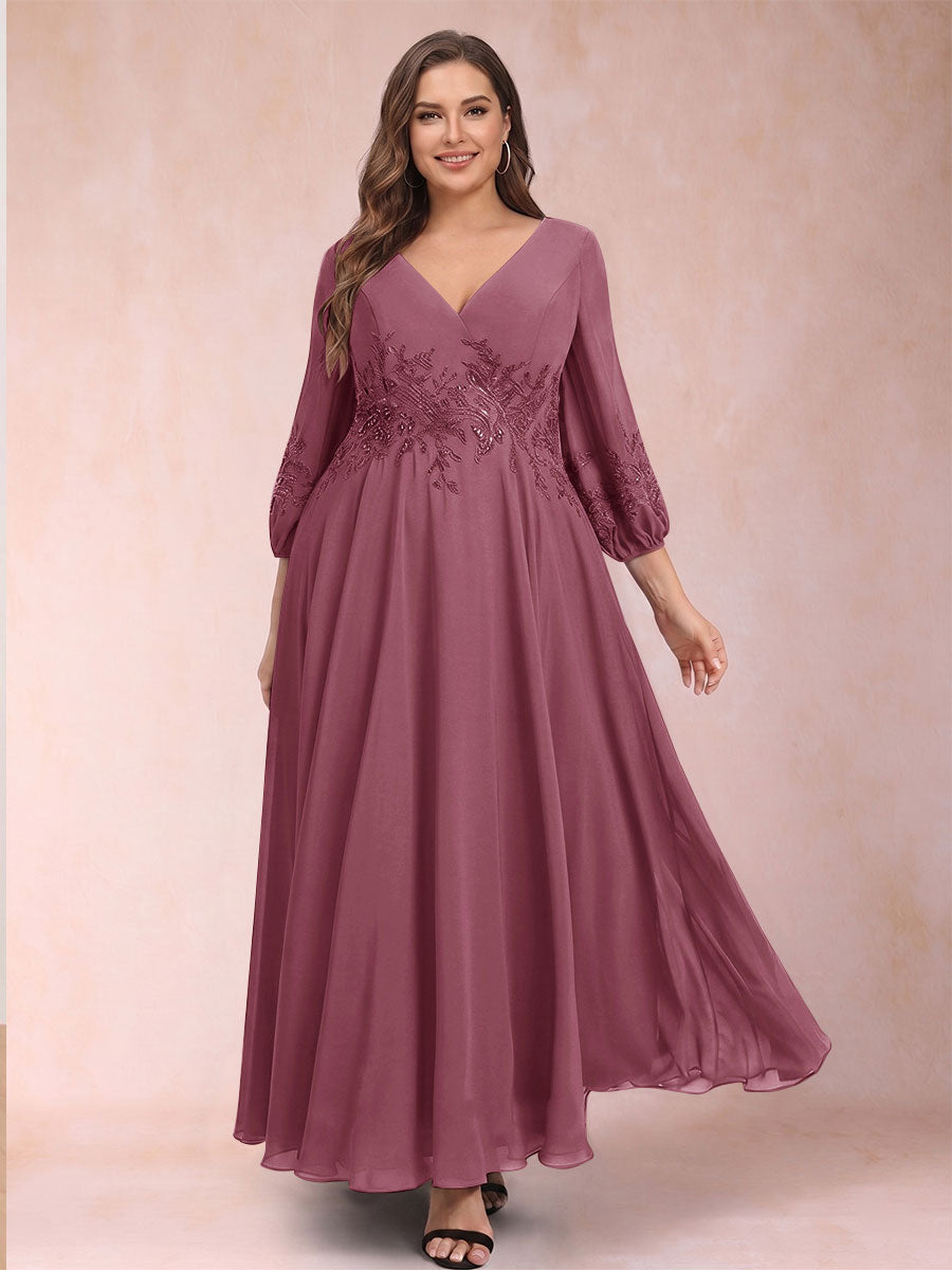 A-Line/Princess Ankle-Length 3/4 Sleeves V-Neck Plus Size Mother of the Bride Dresses