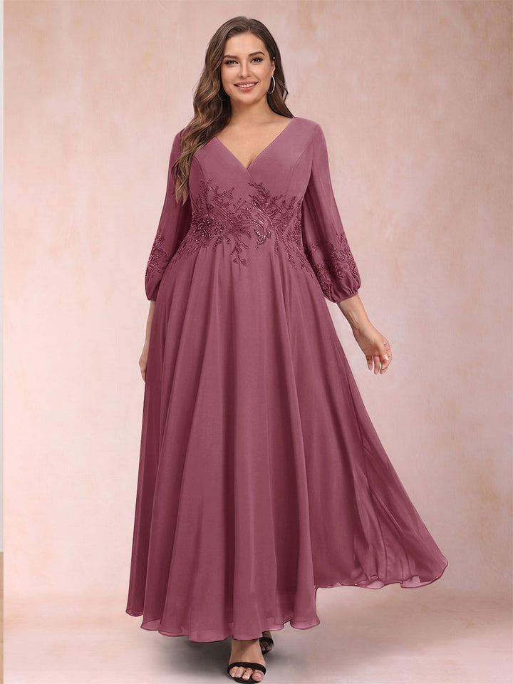 A-Line/Princess Ankle-Length 3/4 Sleeves V-Neck Plus Size Mother of the Bride Dresses