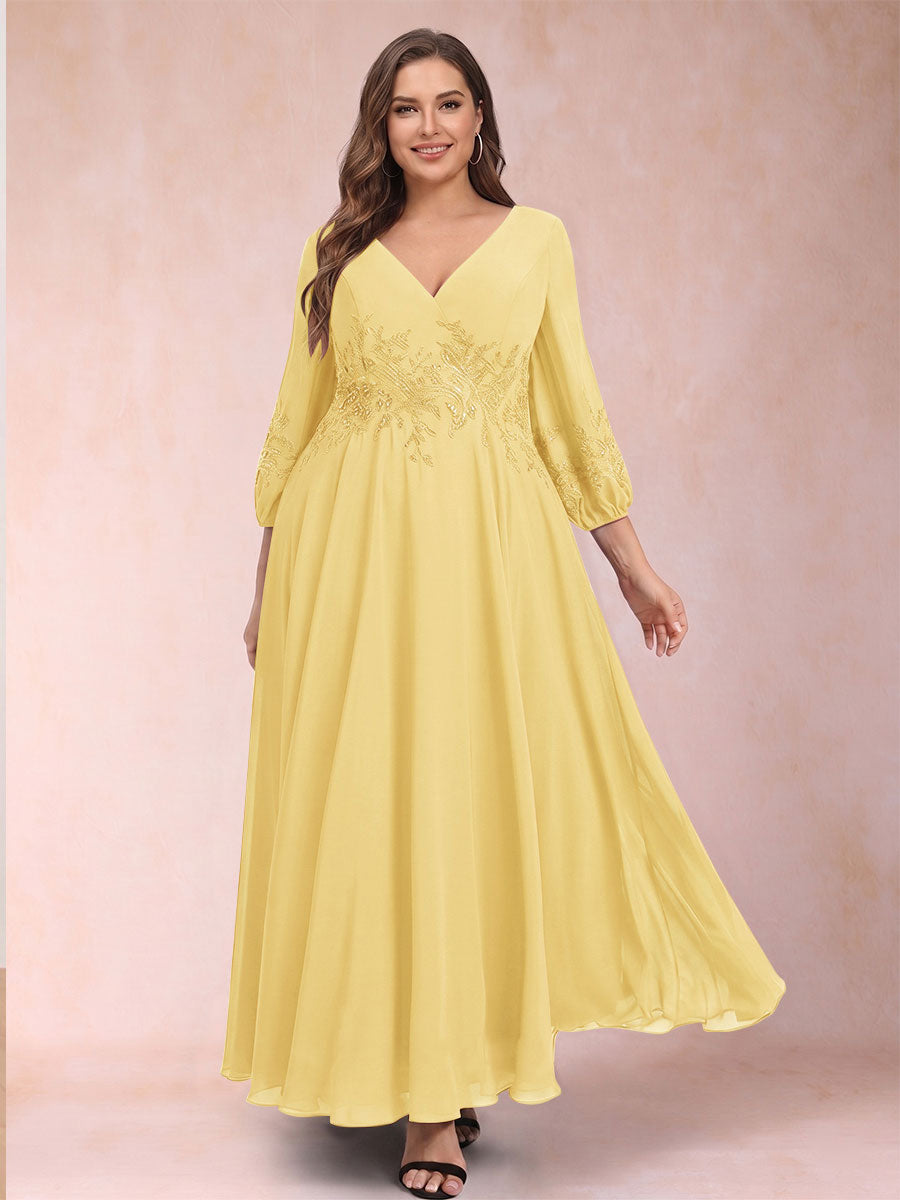 A-Line/Princess Ankle-Length 3/4 Sleeves V-Neck Plus Size Mother of the Bride Dresses