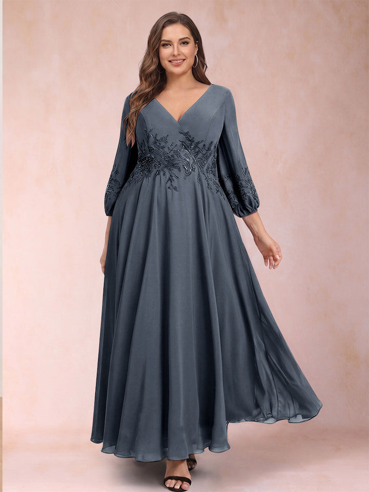 A-Line/Princess Ankle-Length 3/4 Sleeves V-Neck Plus Size Mother of the Bride Dresses