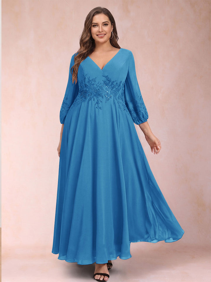 A-Line/Princess Ankle-Length 3/4 Sleeves V-Neck Plus Size Mother of the Bride Dresses