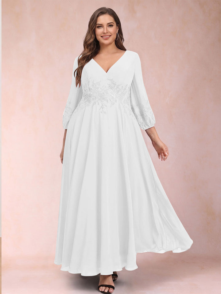 A-Line/Princess Ankle-Length 3/4 Sleeves V-Neck Plus Size Mother of the Bride Dresses