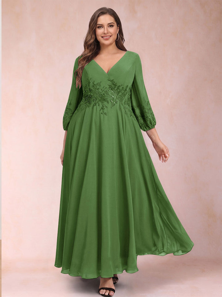 A-Line/Princess Ankle-Length 3/4 Sleeves V-Neck Plus Size Mother of the Bride Dresses