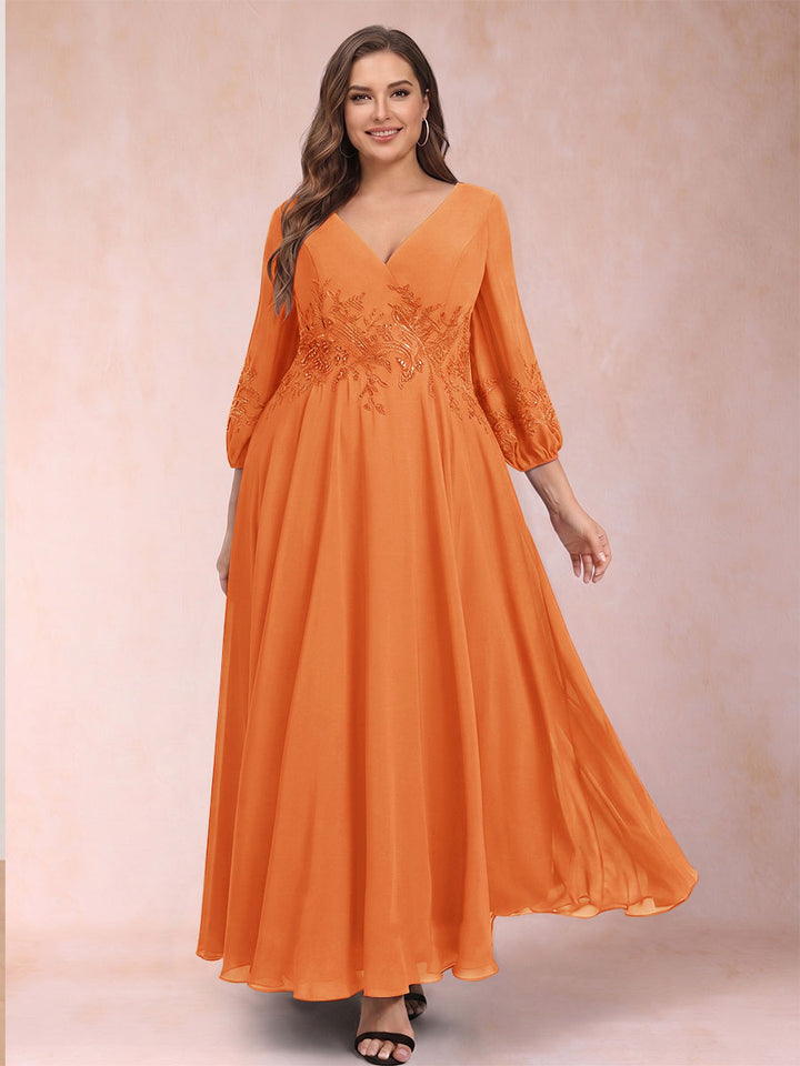 A-Line/Princess Ankle-Length 3/4 Sleeves V-Neck Plus Size Mother of the Bride Dresses