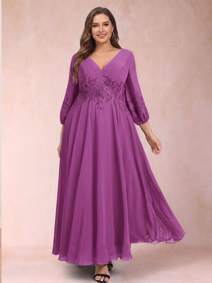 A-Line/Princess Ankle-Length 3/4 Sleeves V-Neck Plus Size Mother of the Bride Dresses