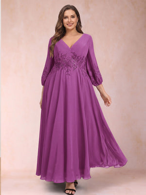 A-Line/Princess Ankle-Length 3/4 Sleeves V-Neck Plus Size Mother of the Bride Dresses
