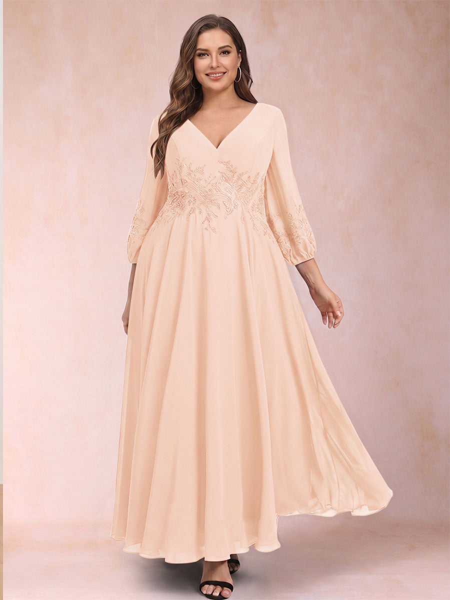 A-Line/Princess Ankle-Length 3/4 Sleeves V-Neck Plus Size Mother of the Bride Dresses