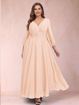 A-Line/Princess Ankle-Length 3/4 Sleeves V-Neck Plus Size Mother of the Bride Dresses