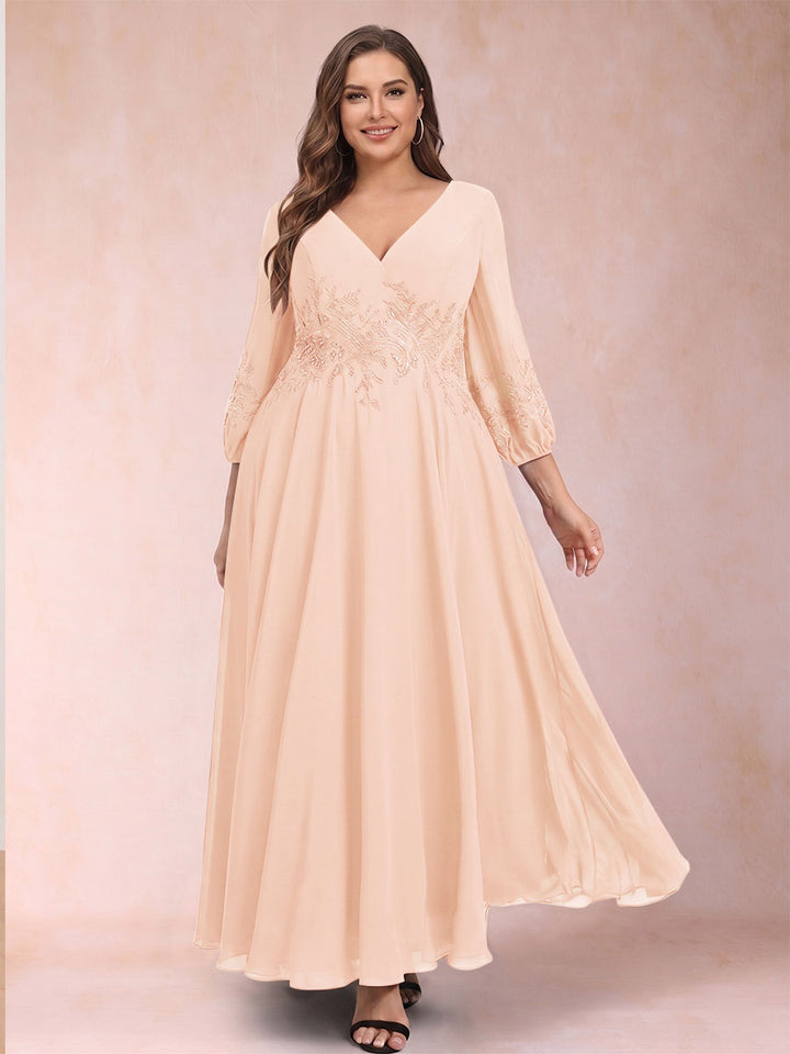 A-Line/Princess Ankle-Length 3/4 Sleeves V-Neck Plus Size Mother of the Bride Dresses