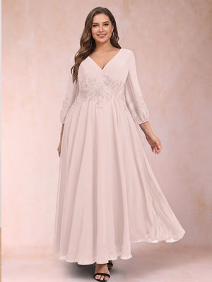 A-Line/Princess Ankle-Length 3/4 Sleeves V-Neck Plus Size Mother of the Bride Dresses