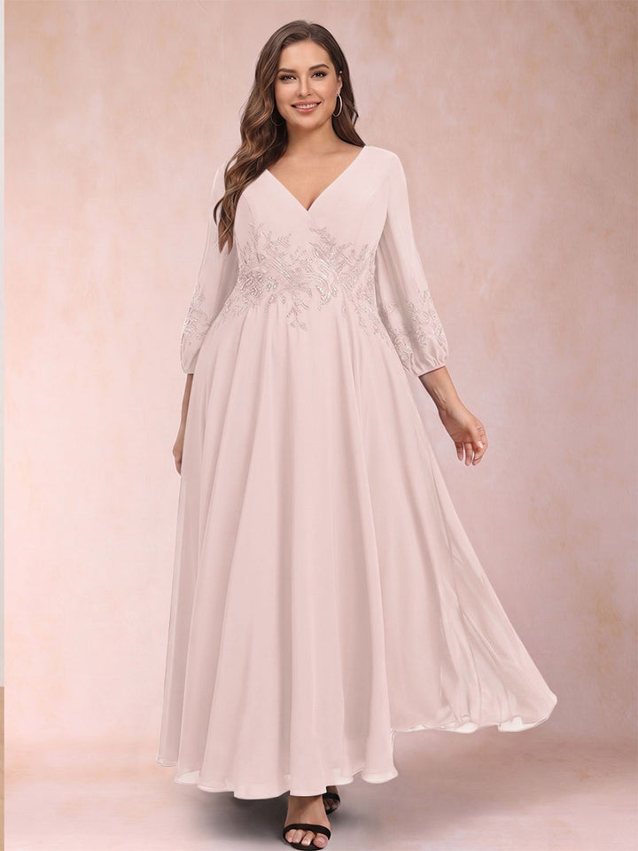 A-Line/Princess Ankle-Length 3/4 Sleeves V-Neck Plus Size Mother of the Bride Dresses
