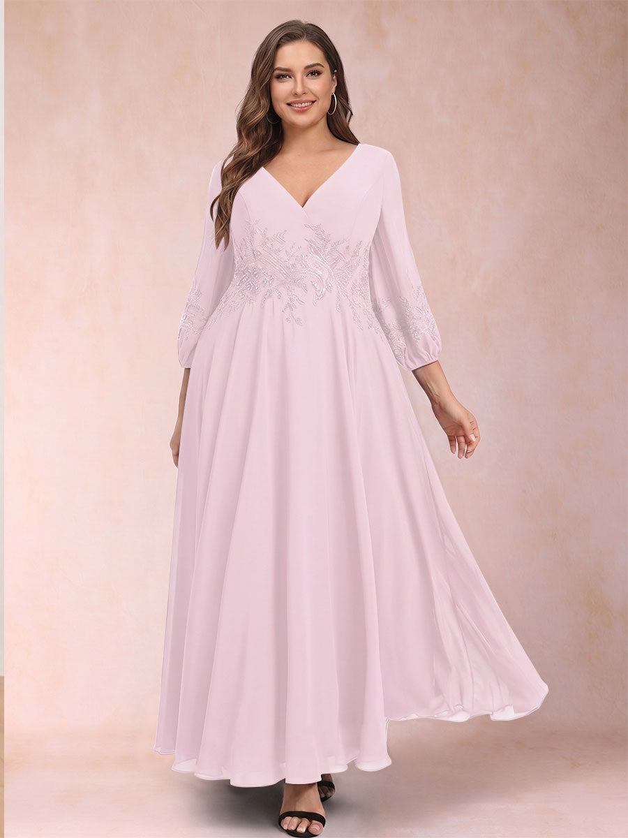 A-Line/Princess Ankle-Length 3/4 Sleeves V-Neck Plus Size Mother of the Bride Dresses