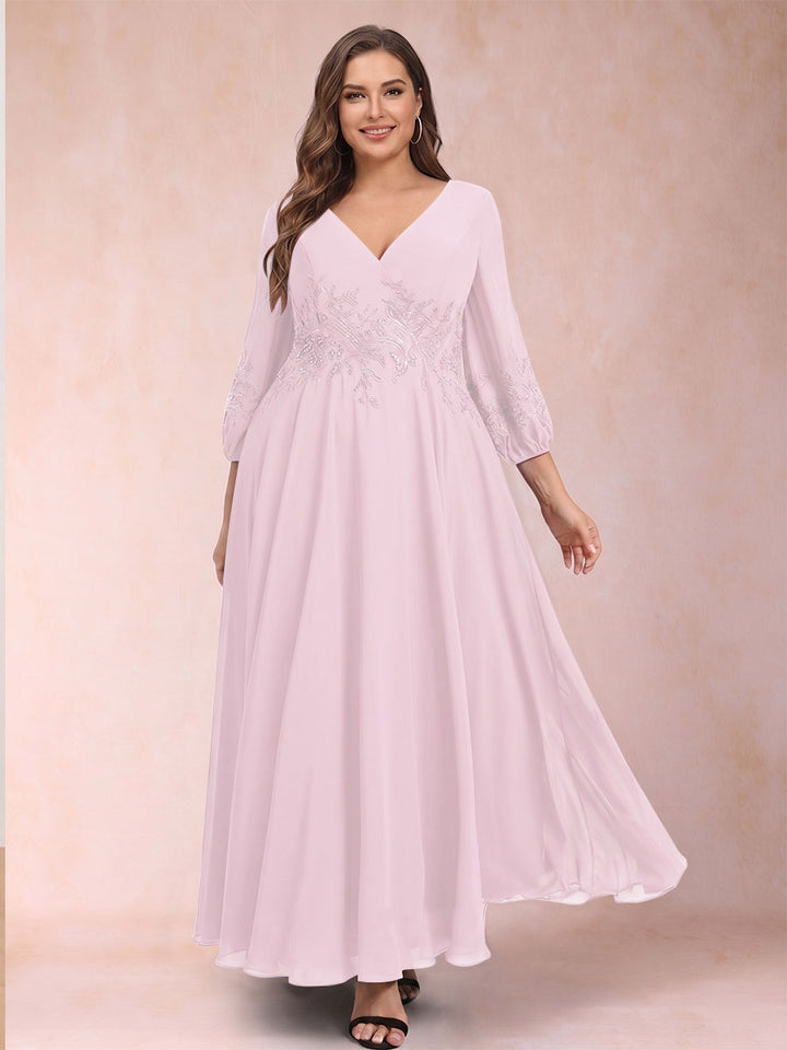 A-Line/Princess Ankle-Length 3/4 Sleeves V-Neck Plus Size Mother of the Bride Dresses