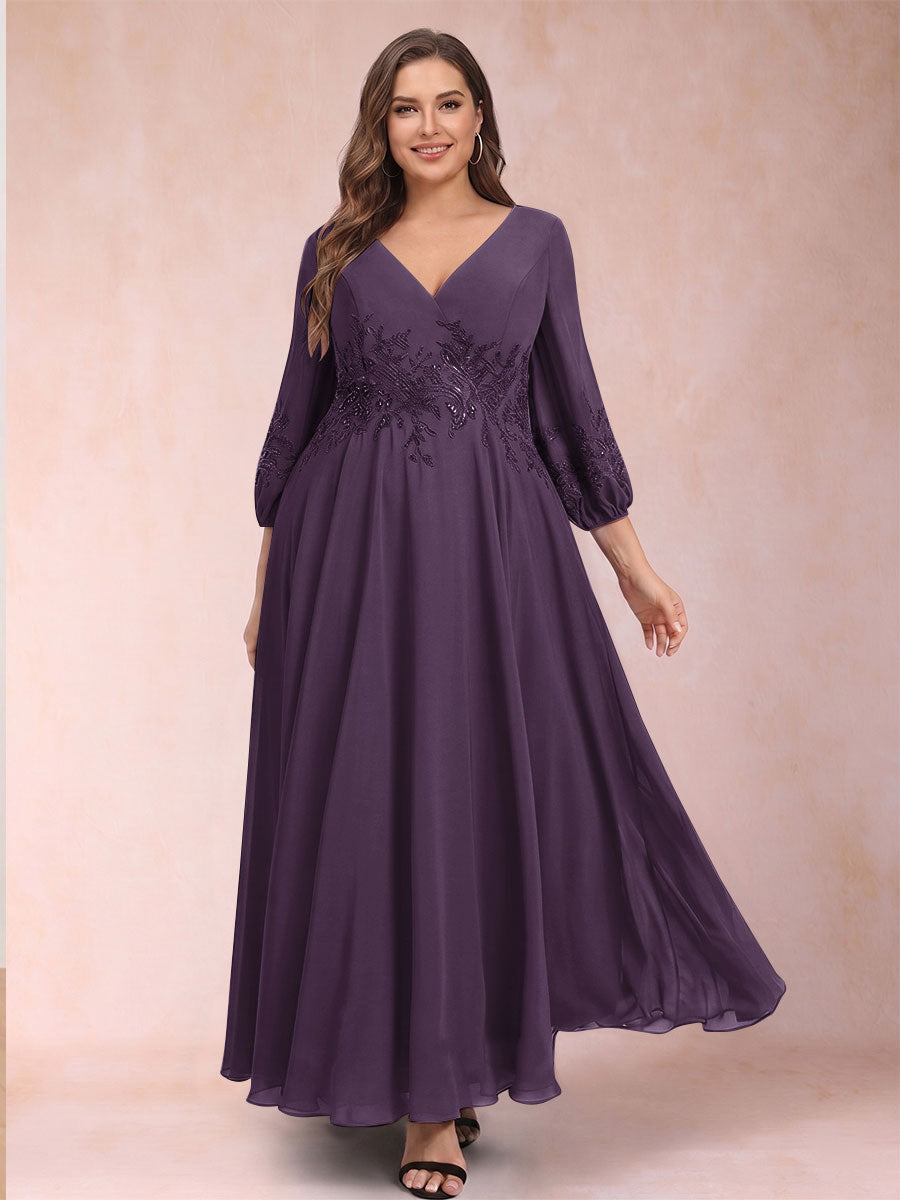 A-Line/Princess Ankle-Length 3/4 Sleeves V-Neck Plus Size Mother of the Bride Dresses