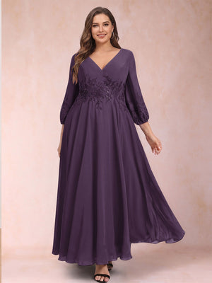 A-Line/Princess Ankle-Length 3/4 Sleeves V-Neck Plus Size Mother of the Bride Dresses