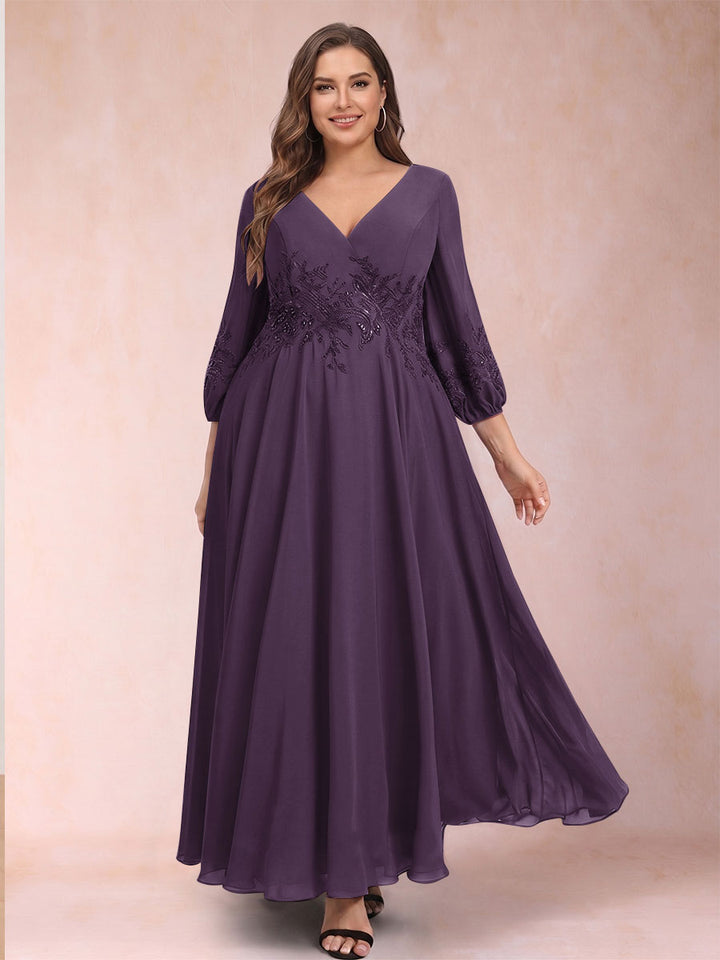 A-Line/Princess Ankle-Length 3/4 Sleeves V-Neck Plus Size Mother of the Bride Dresses