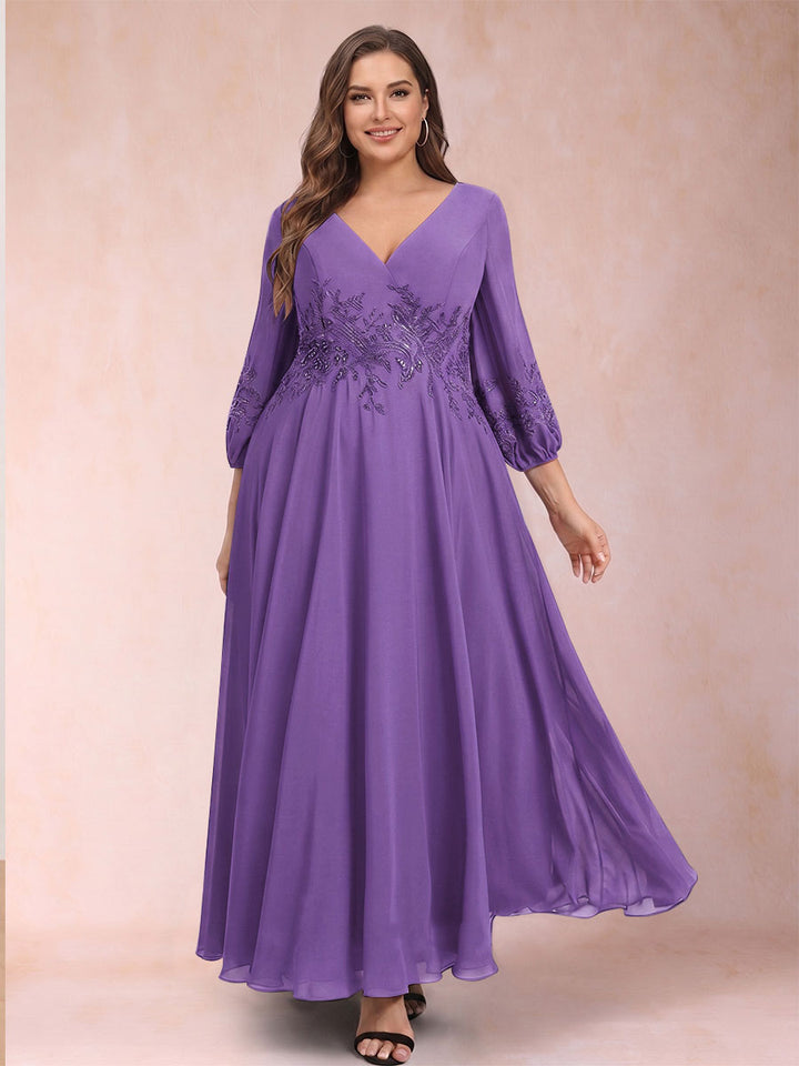 A-Line/Princess Ankle-Length 3/4 Sleeves V-Neck Plus Size Mother of the Bride Dresses