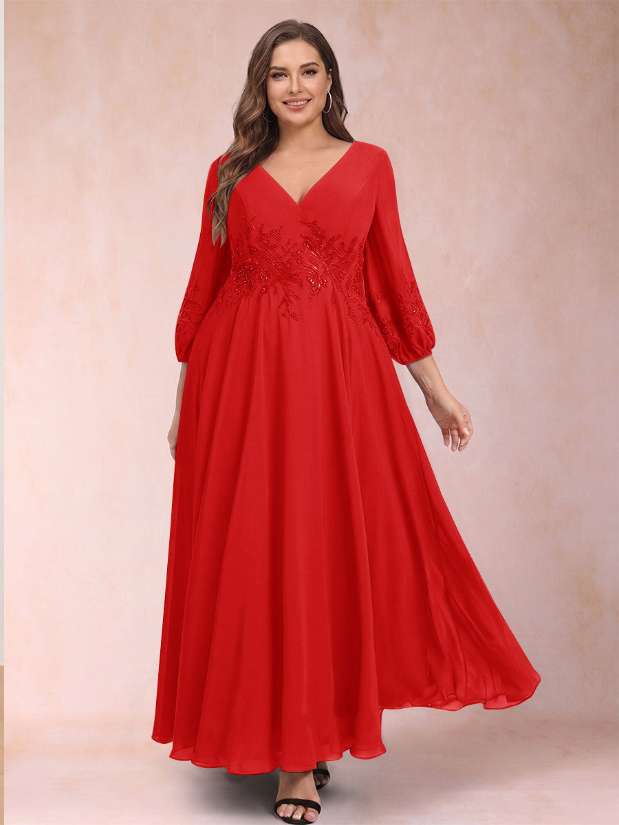 A-Line/Princess Ankle-Length 3/4 Sleeves V-Neck Plus Size Mother of the Bride Dresses