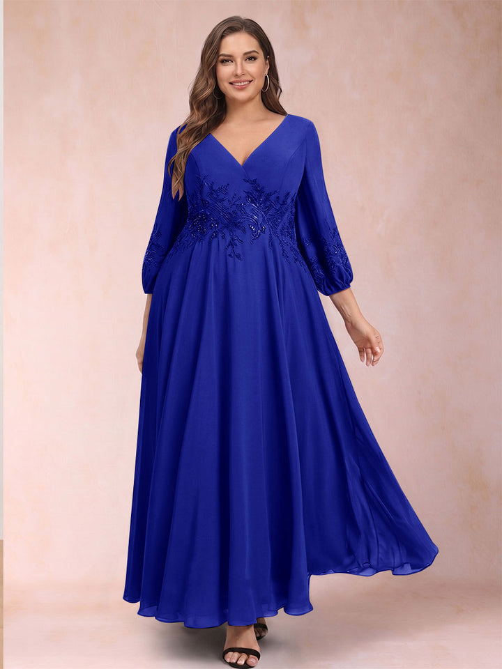 A-Line/Princess Ankle-Length 3/4 Sleeves V-Neck Plus Size Mother of the Bride Dresses