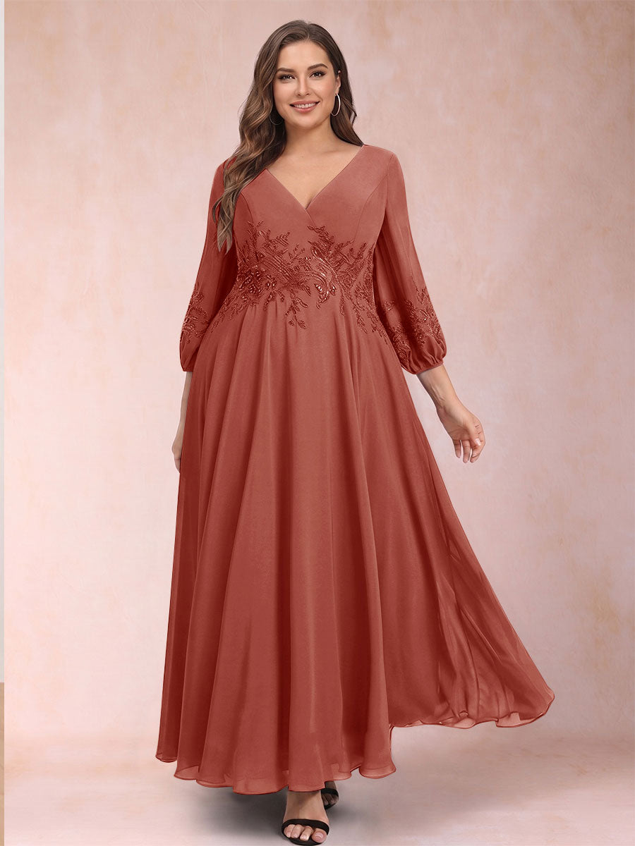 A-Line/Princess Ankle-Length 3/4 Sleeves V-Neck Plus Size Mother of the Bride Dresses