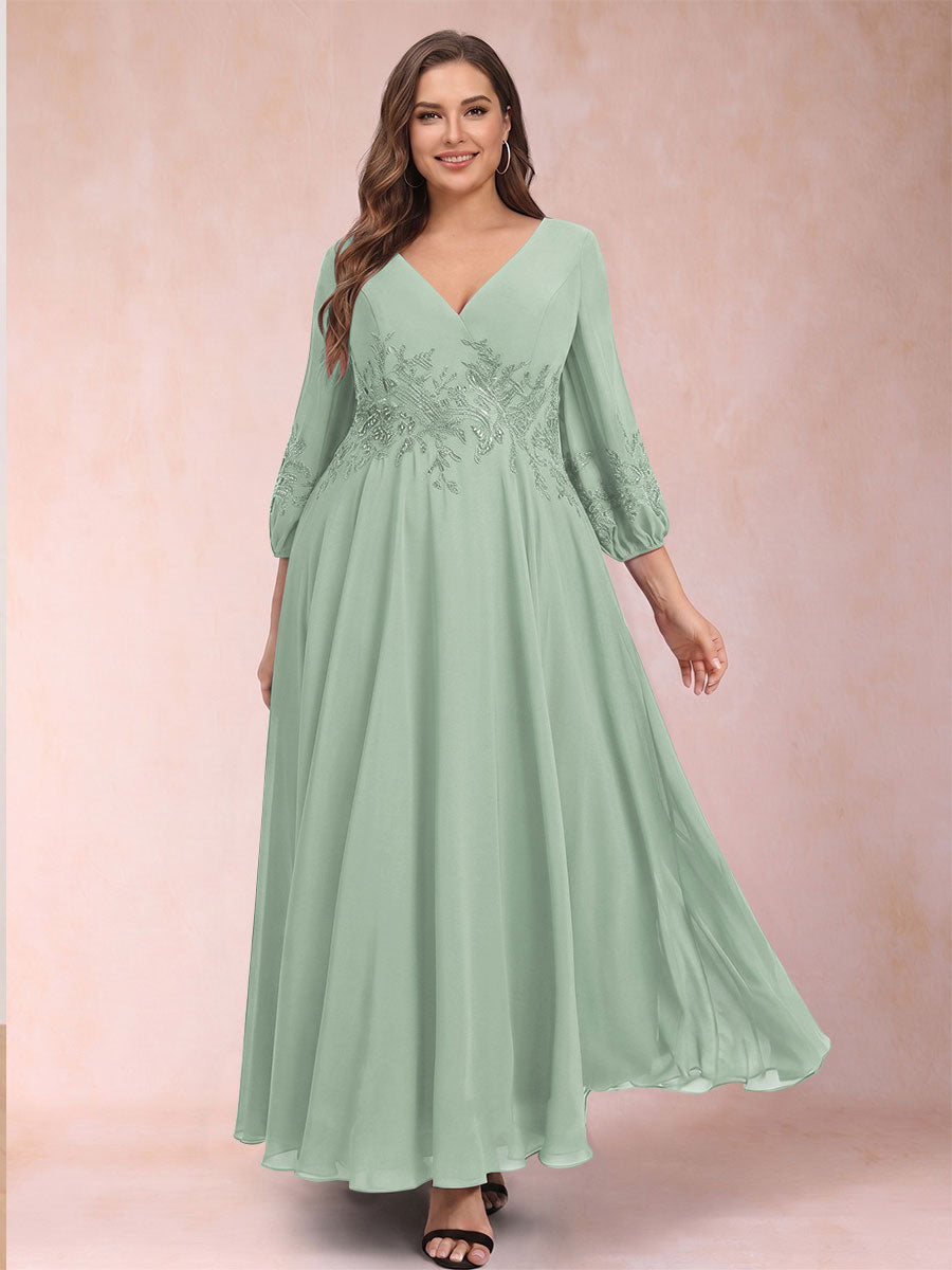 A-Line/Princess Ankle-Length 3/4 Sleeves V-Neck Plus Size Mother of the Bride Dresses
