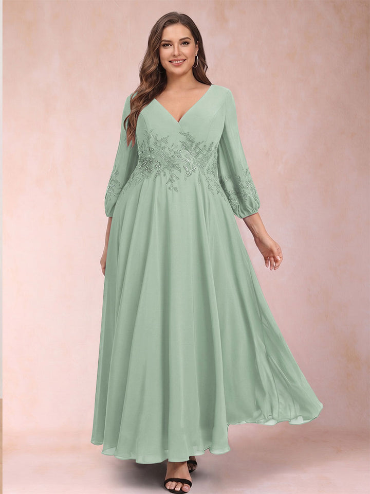 A-Line/Princess Ankle-Length 3/4 Sleeves V-Neck Plus Size Mother of the Bride Dresses