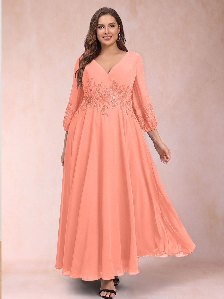 A-Line/Princess Ankle-Length 3/4 Sleeves V-Neck Plus Size Mother of the Bride Dresses