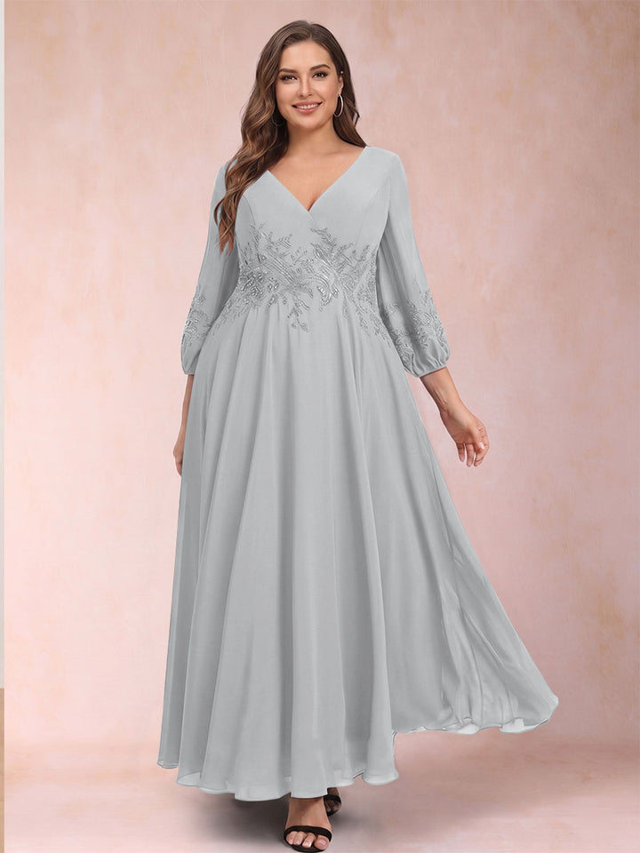 A-Line/Princess Ankle-Length 3/4 Sleeves V-Neck Plus Size Mother of the Bride Dresses