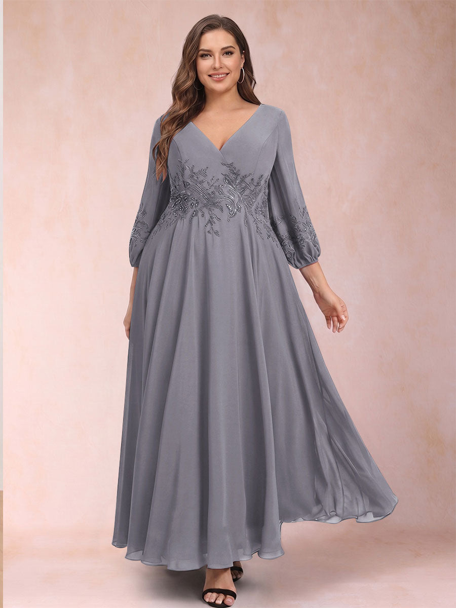 A-Line/Princess Ankle-Length 3/4 Sleeves V-Neck Plus Size Mother of the Bride Dresses