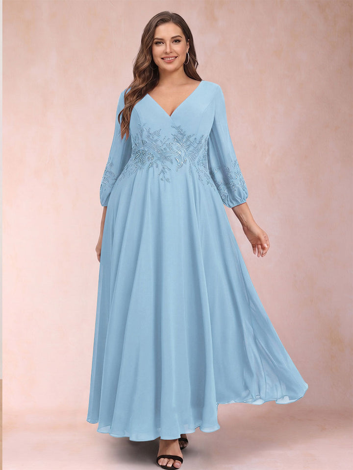 A-Line/Princess Ankle-Length 3/4 Sleeves V-Neck Plus Size Mother of the Bride Dresses