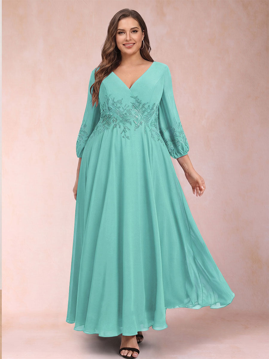 A-Line/Princess Ankle-Length 3/4 Sleeves V-Neck Plus Size Mother of the Bride Dresses