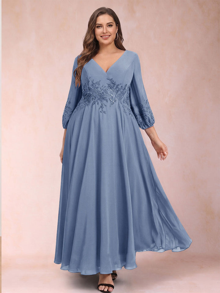 A-Line/Princess Ankle-Length 3/4 Sleeves V-Neck Plus Size Mother of the Bride Dresses