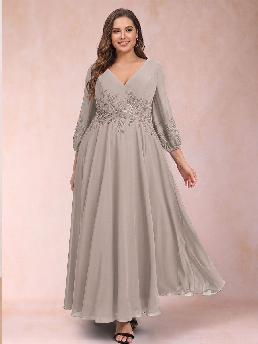 A-Line/Princess Ankle-Length 3/4 Sleeves V-Neck Plus Size Mother of the Bride Dresses